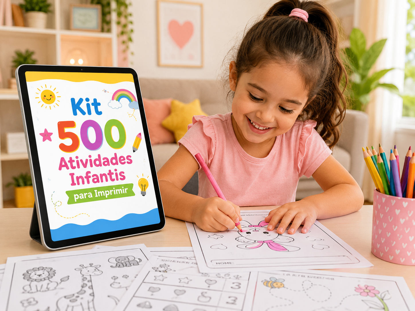 Criança sorrindo enquanto colore uma atividade