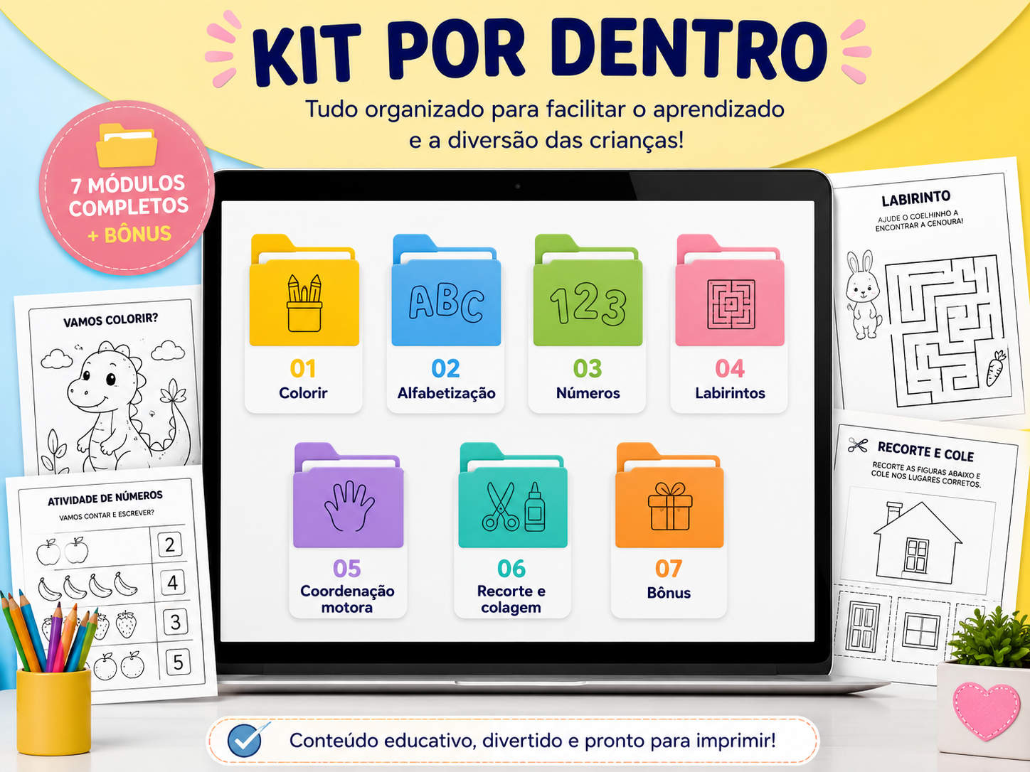 Folhas e PDFs do kit organizados por categorias
